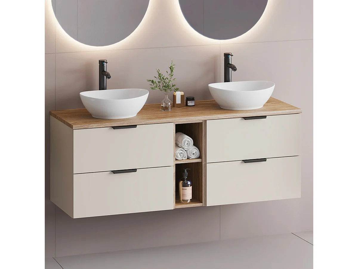Double washbasin unit 140cm 2 niches Astrid Cashmere and wood