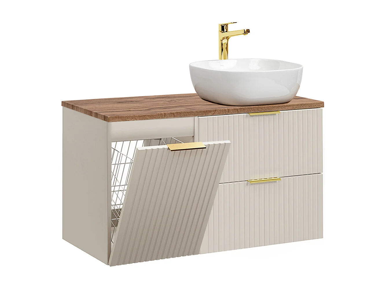 Meuble simple vasque 100cm panier à linge Adriel Cachemire et Bois