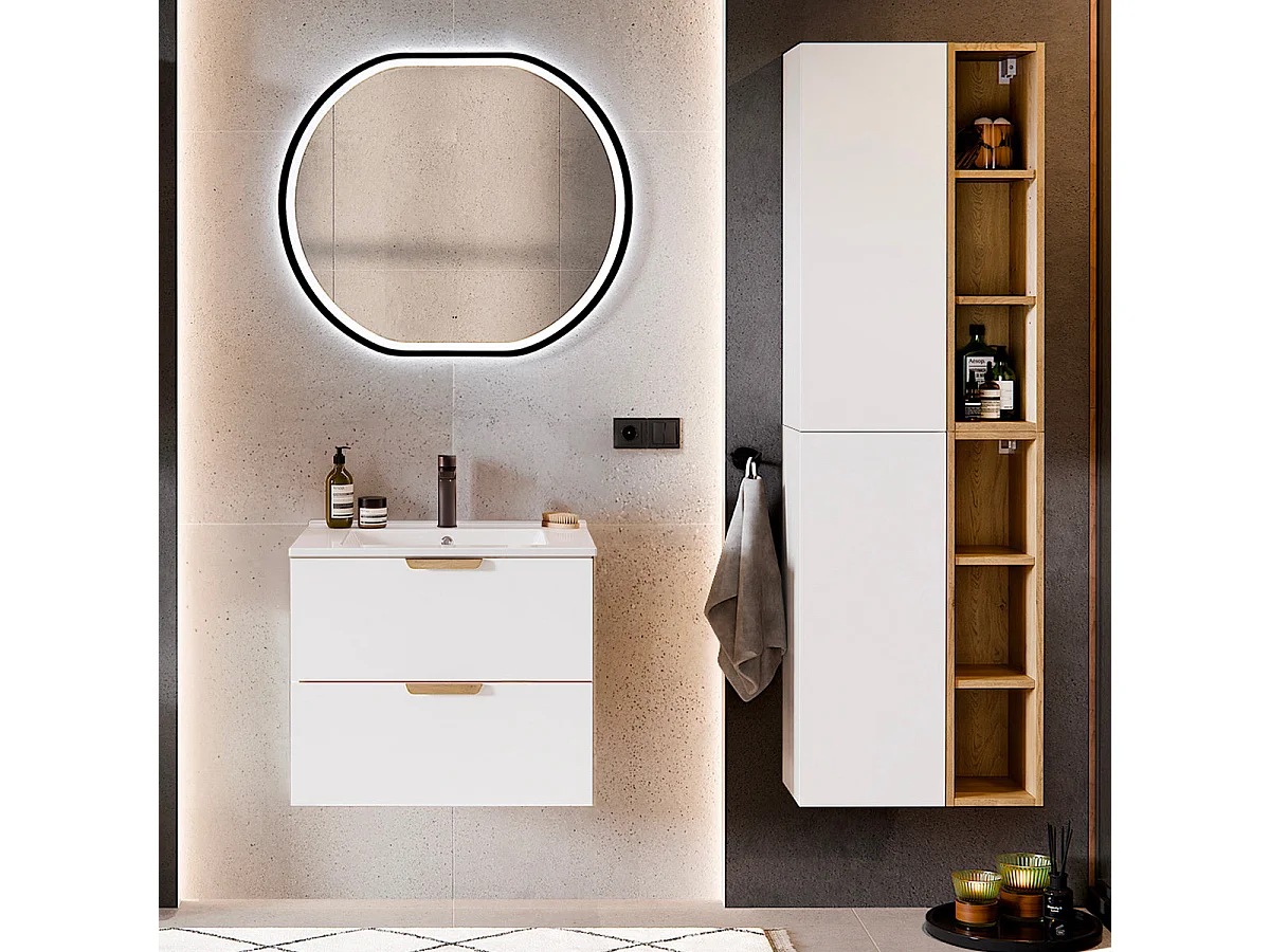 Meuble simple vasque encastrée 60cm Oria Blanc mat