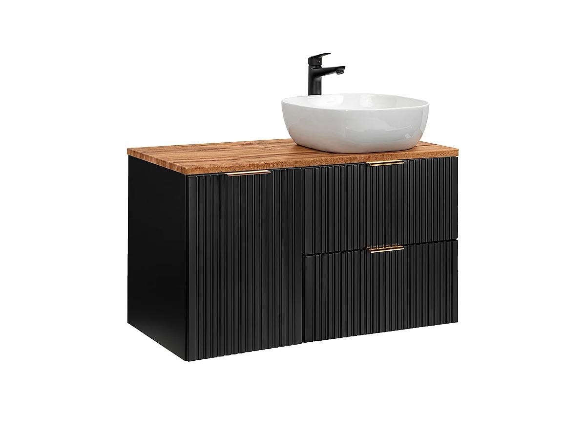 Mobile lavabo singolo 100cm Adriel Nero e Legno Cesto per la biancheria