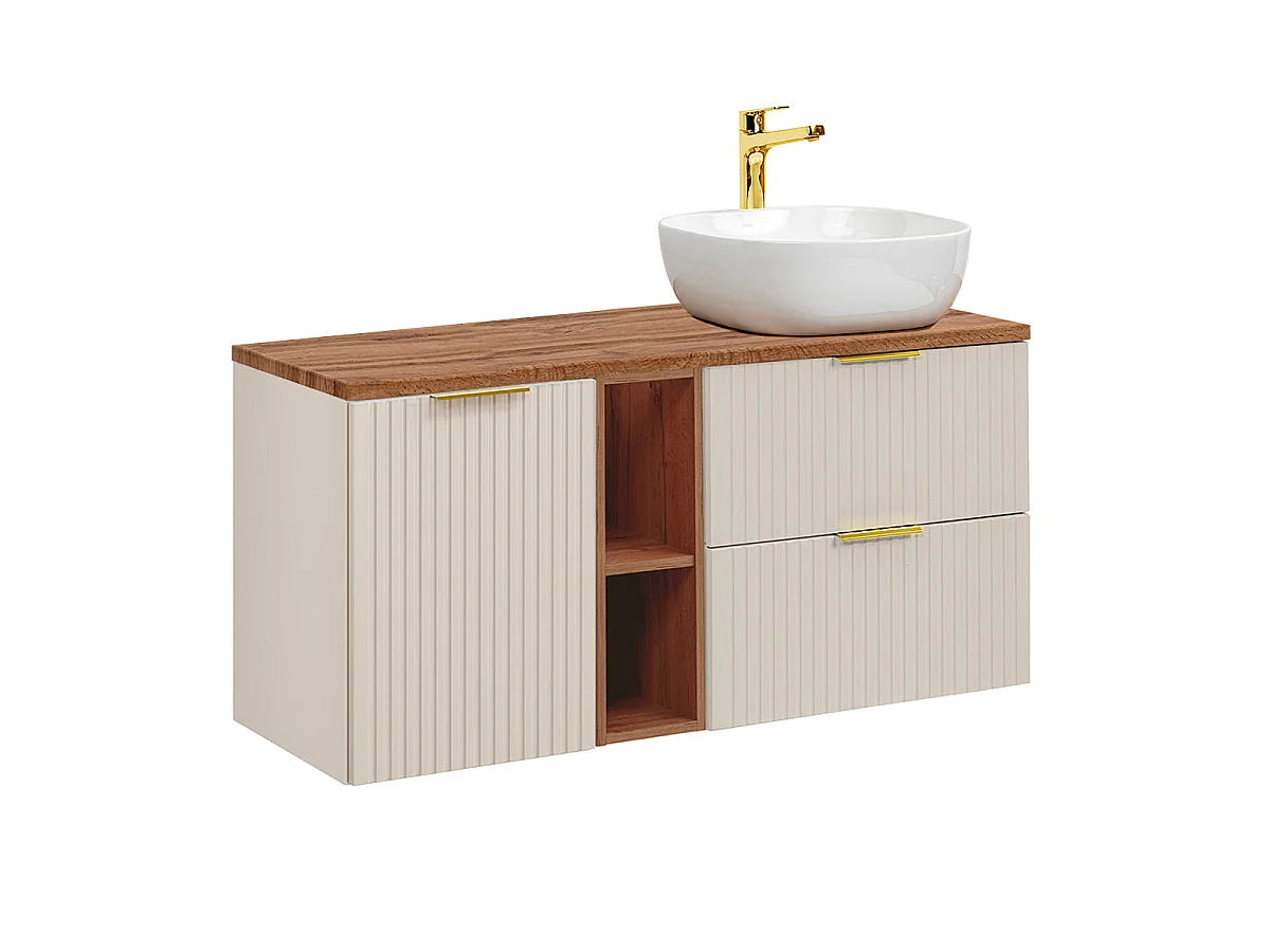 Meuble simple vasque 120cm 2 niches panier à linge Adriel Cachemire et Bois