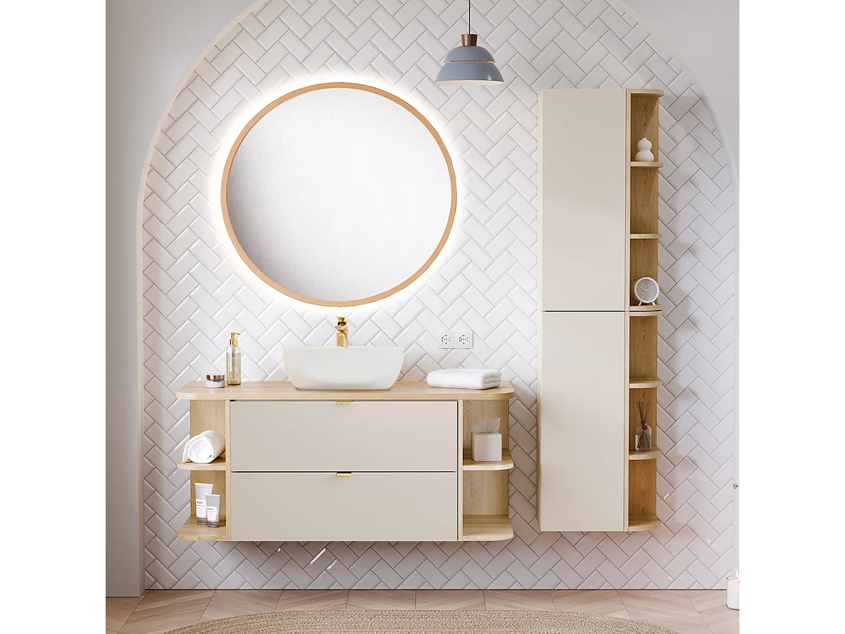 Meuble simple vasque 120cm niches arrondies Azel Cachemire et Bois