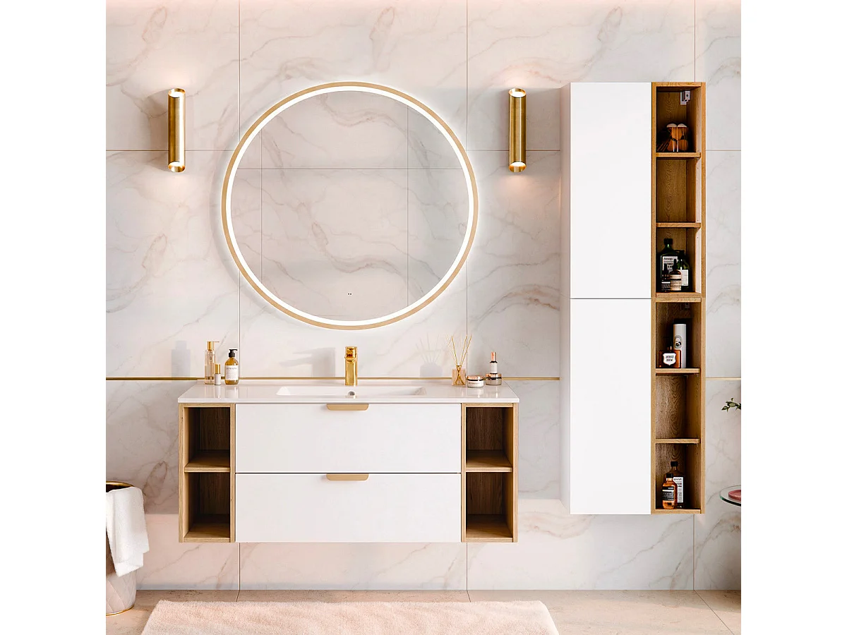 Meuble simple vasque encastrée 120cm 4 niches Oria Blanc mat
