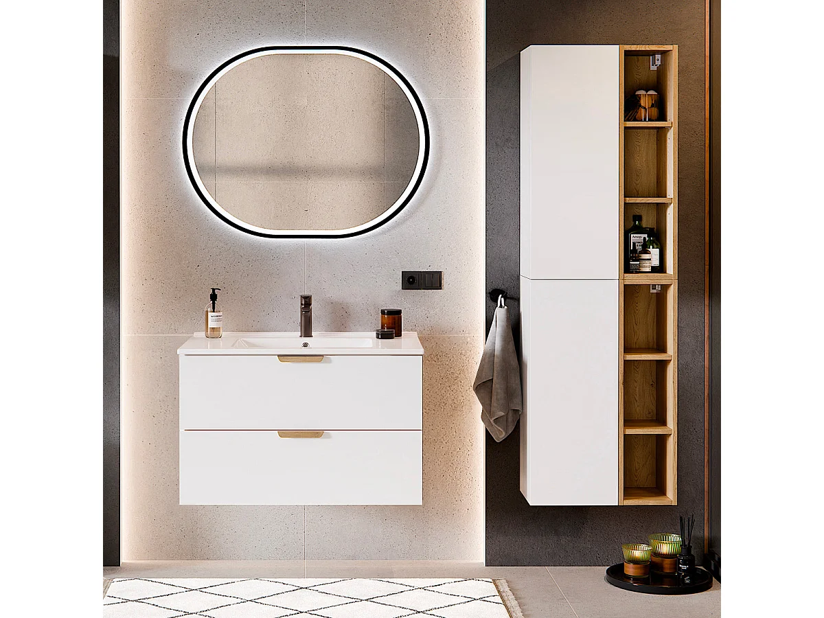 Meuble simple vasque encastrée 80cm Oria Blanc mat