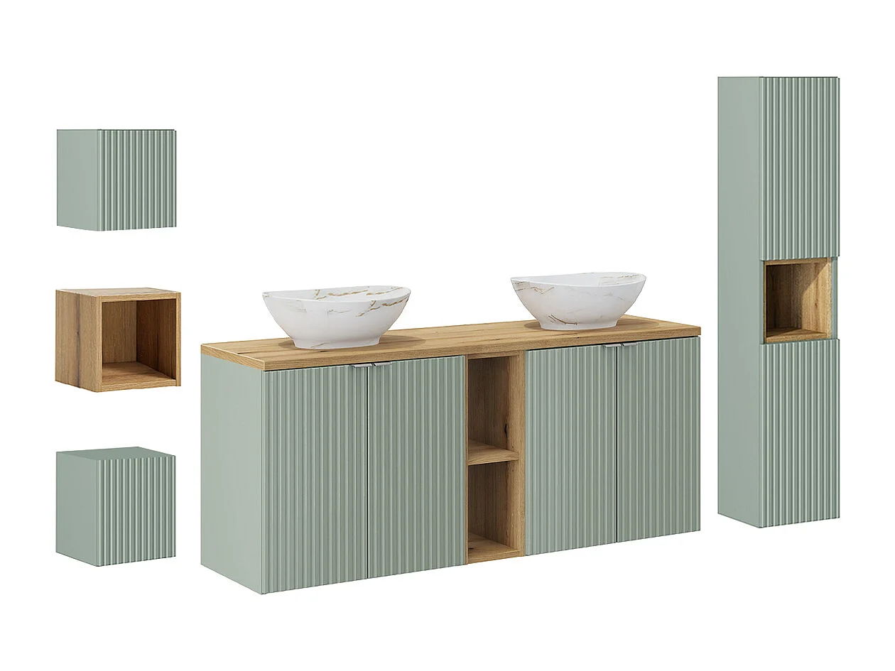 Ensemble meuble double vasque 140cm 4 portes 2 niches colonne et 3 armoires murales Jade Vert et Bois