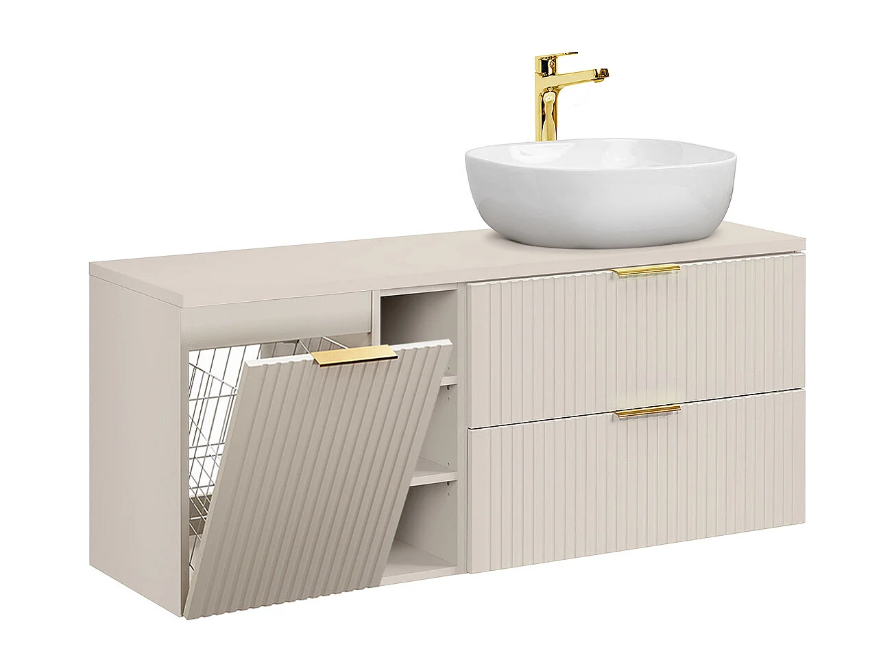 Meuble simple vasque 140cm 3 niches panier à linge Adriel Cachemire