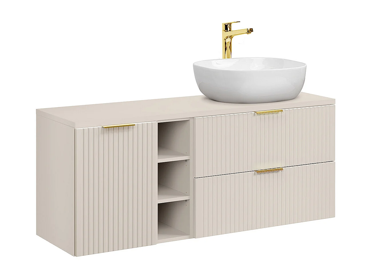 Meuble simple vasque 140cm 3 niches panier à linge Adriel Cachemire