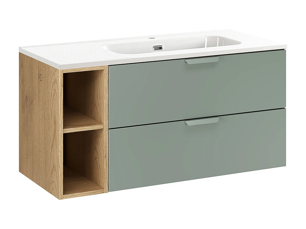 Meuble simple vasque encastrée droite 100cm 2 niches Oria Vert mat