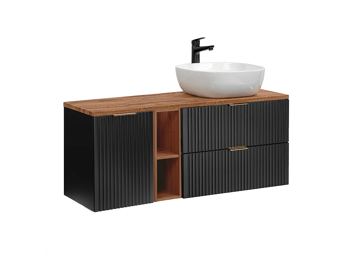 Meuble simple vasque 140cm 2 niches panier à linge Adriel Noir et Bois