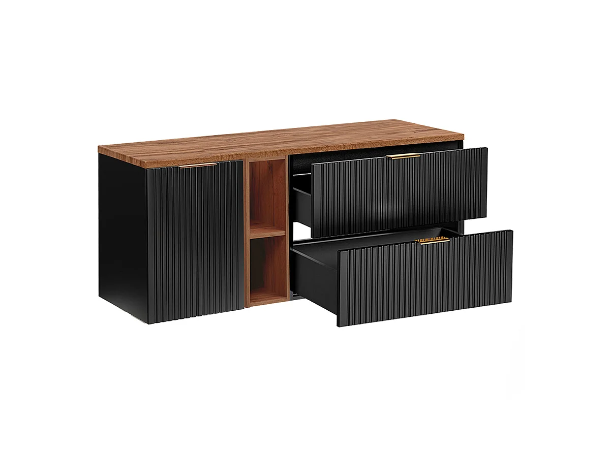 Meuble simple vasque 140cm 2 niches panier à linge Adriel Noir et Bois