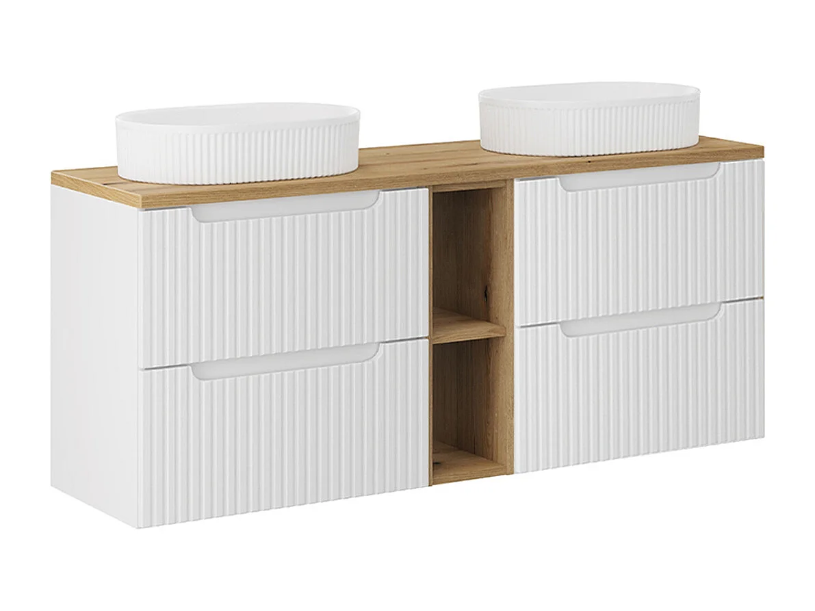 Meuble double vasque 140cm 4 tiroirs 2 niches Riva Blanc et Bois