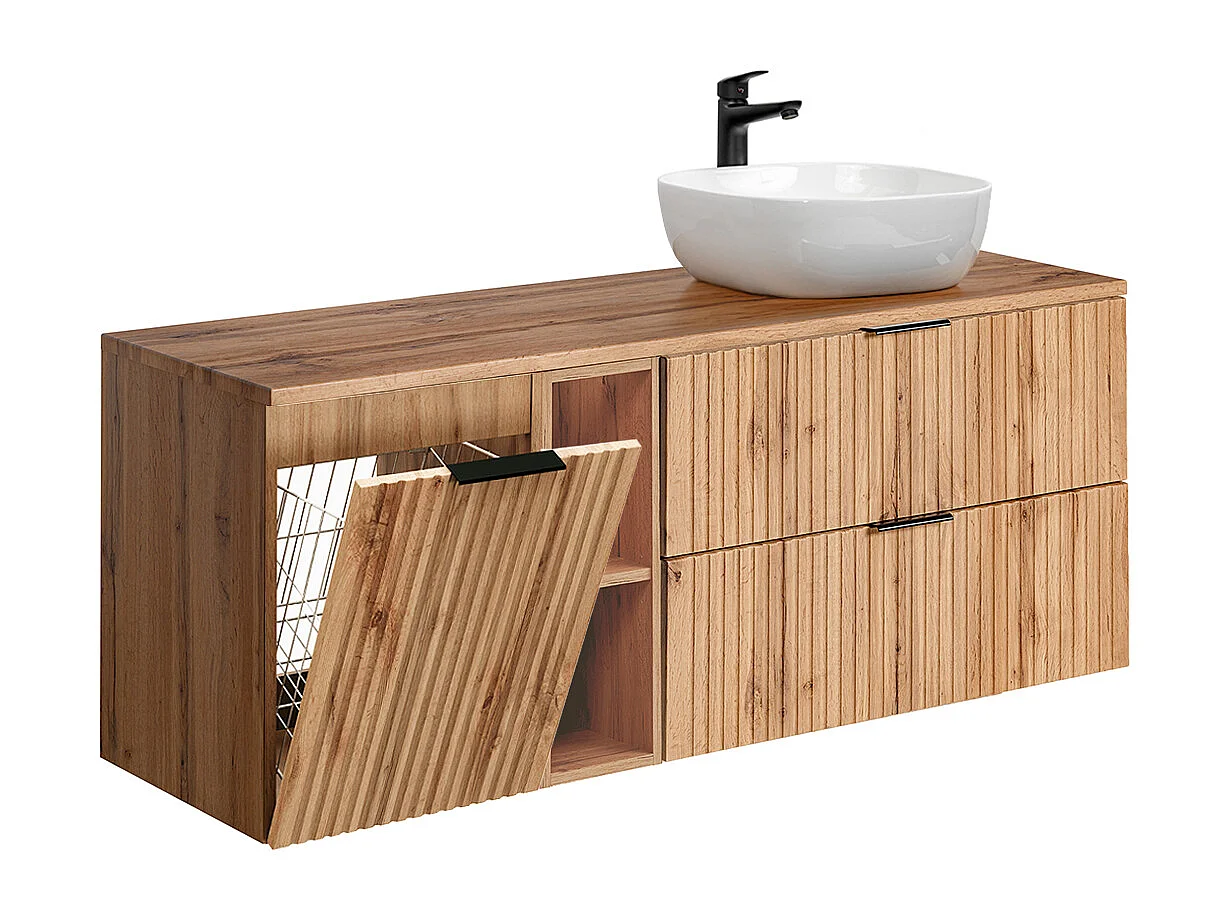 Meuble simple vasque 140cm 2 niches panier à linge Adriel Bois