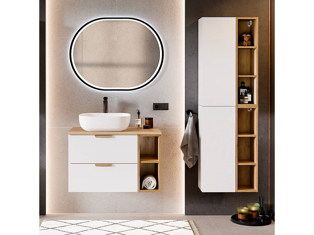 Meuble simple vasque 80cm 2 niches Oria Blanc mat
