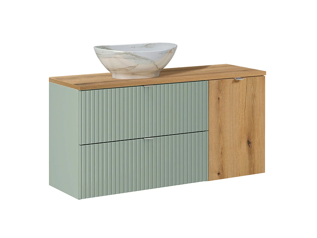 Enkelt håndvask 120 cm Jade Green og linnedkurv i træ