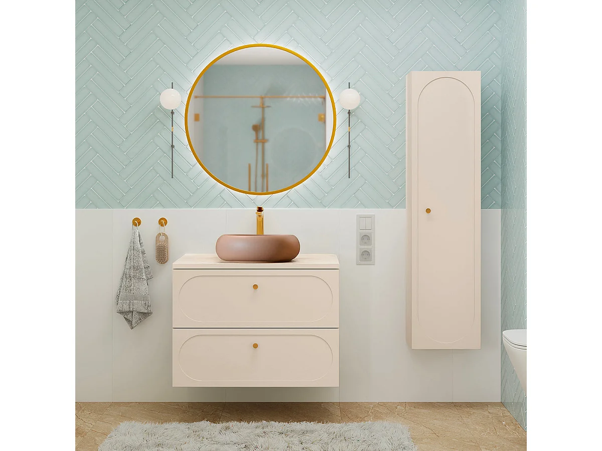 Ensemble de meubles Donna Sand 80 cm avec plan de toilette et vasque à poser, poignées dorées