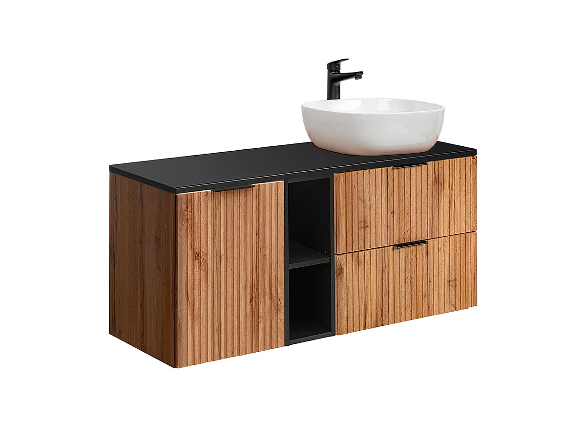Mobile lavabo singolo 120cm 2 nicchie cesto portabiancheria Adriel Legno e Nero