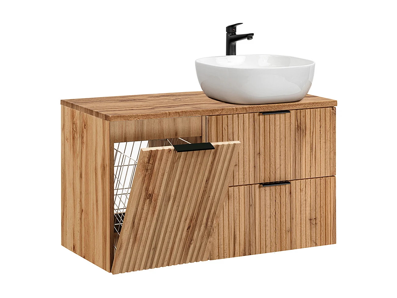Meuble simple vasque 100cm panier à linge Adriel Bois
