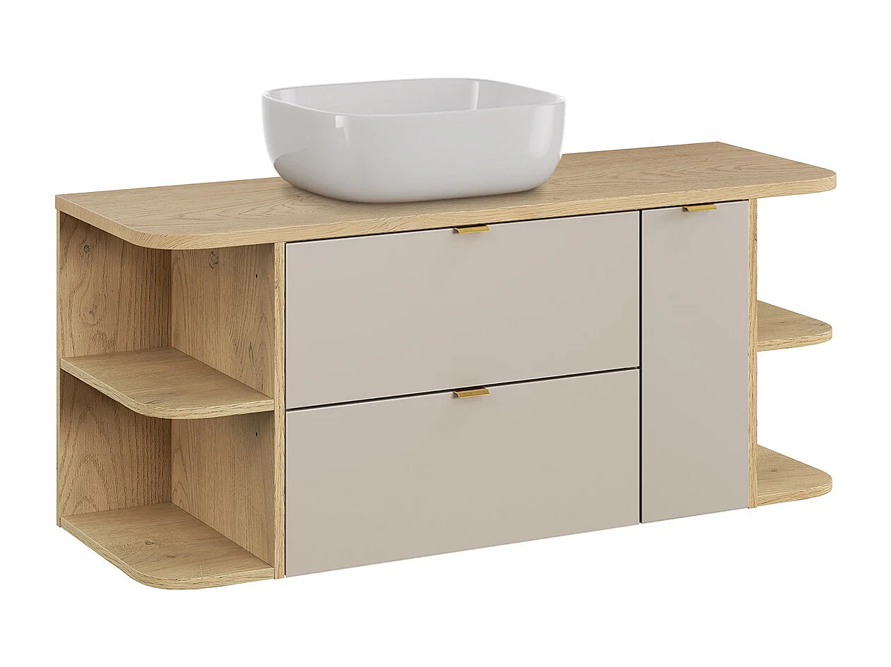 Meuble simple vasque 120cm 3 tiroirs niches arrondies Azel Cachemire et Bois