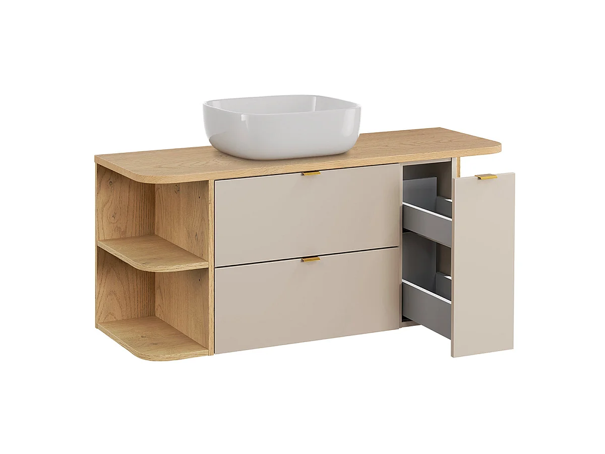 Meuble simple vasque 120cm 3 tiroirs niches arrondies Azel Cachemire et Bois