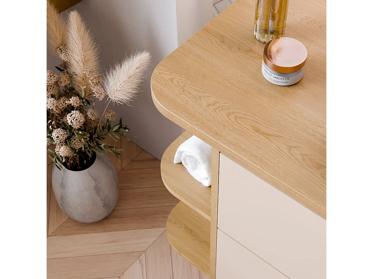 Meuble simple vasque 120cm 3 tiroirs niches arrondies Azel Cachemire et Bois