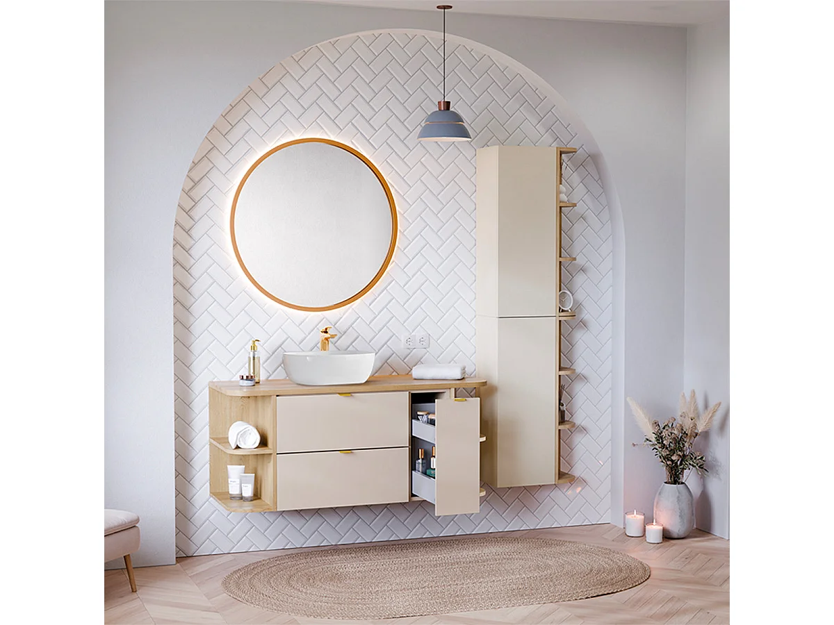 Meuble simple vasque 120cm 3 tiroirs niches arrondies Azel Cachemire et Bois