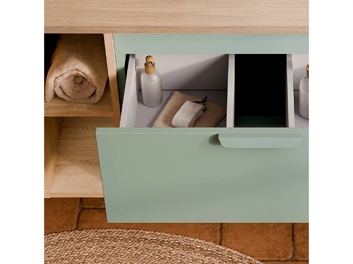 Meuble simple vasque encastrée 120cm 4 niches Oria Vert mat
