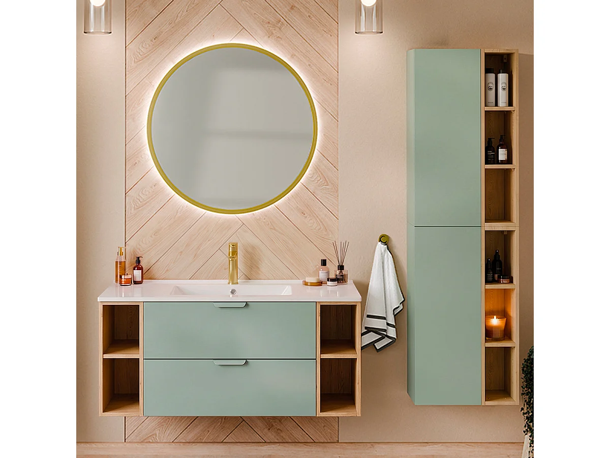 Meuble simple vasque encastrée 120cm 4 niches Oria Vert mat