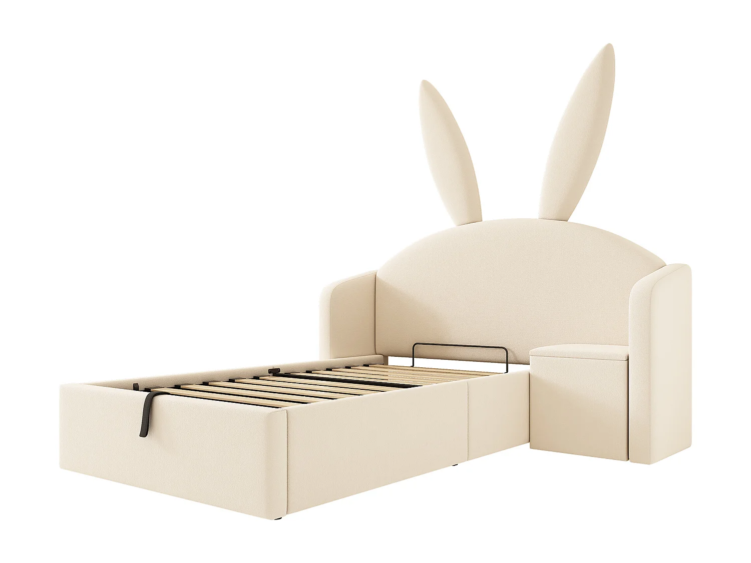 Lit coffre rembourré 90x190cm - avec table de chevet - tête de lit oreilles de lapin - velours - beige (sans matelas)