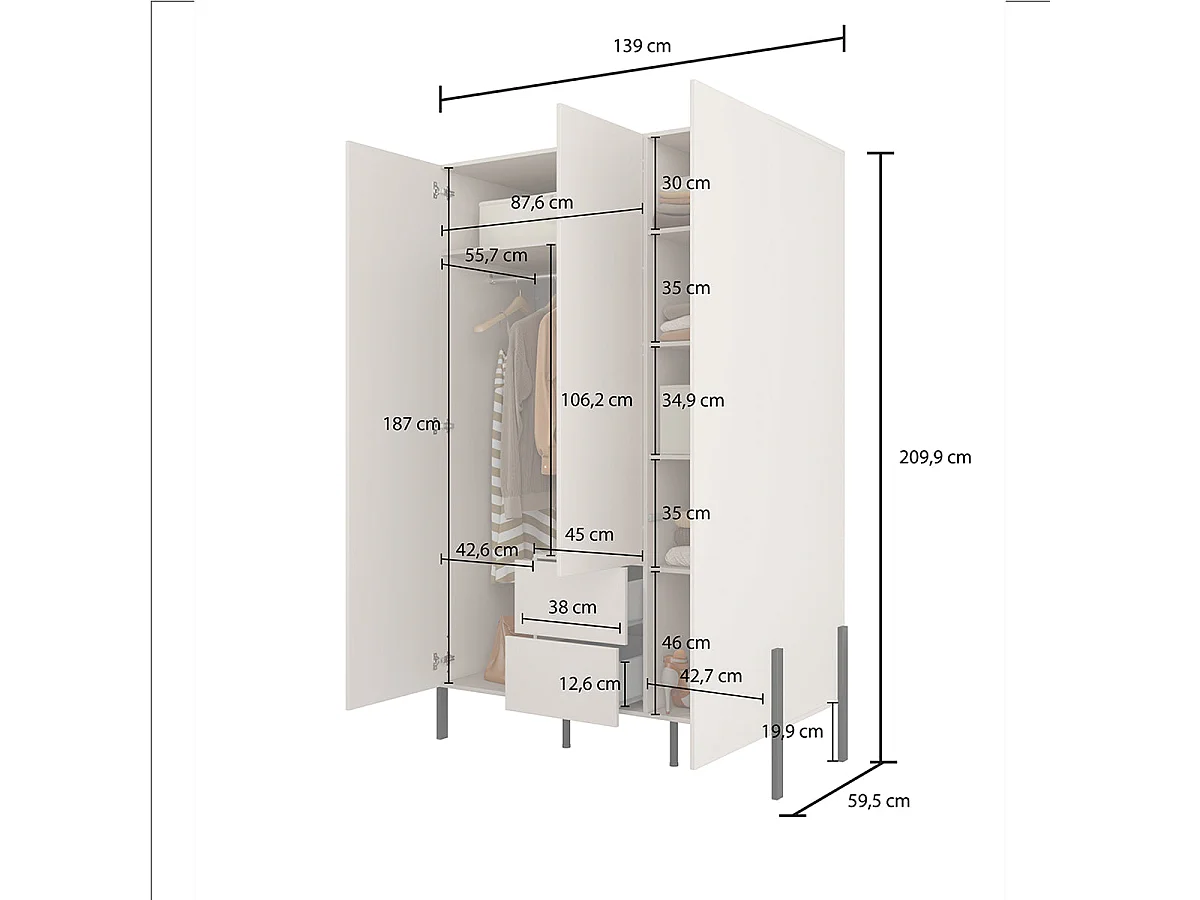 Armadio 3 ante 2 cassetti Bérénice cachemire 210cm