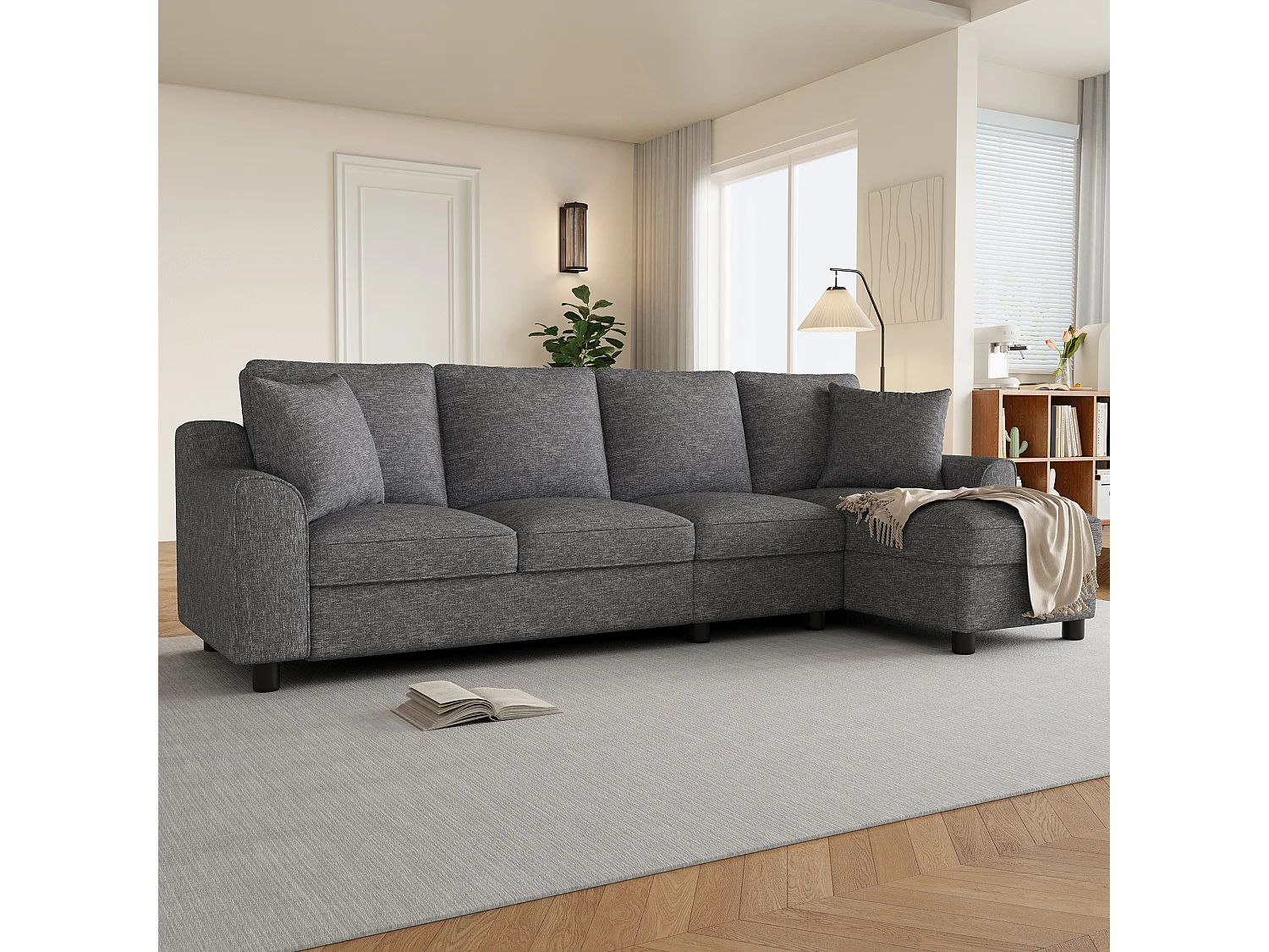 Canapé d'angle moderne en chenille beige - avec espace de rangement - dossier rabattable - avec porte-gobelet - Gris