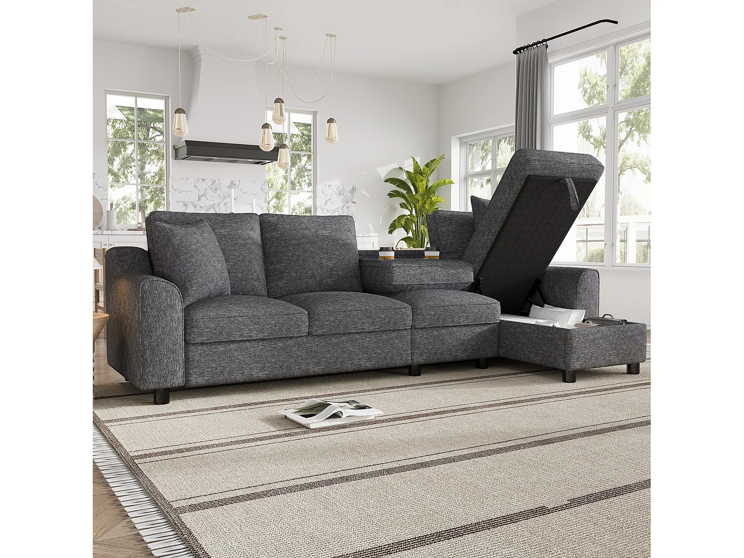 Canapé d'angle moderne en chenille beige - avec espace de rangement - dossier rabattable - avec porte-gobelet - Gris