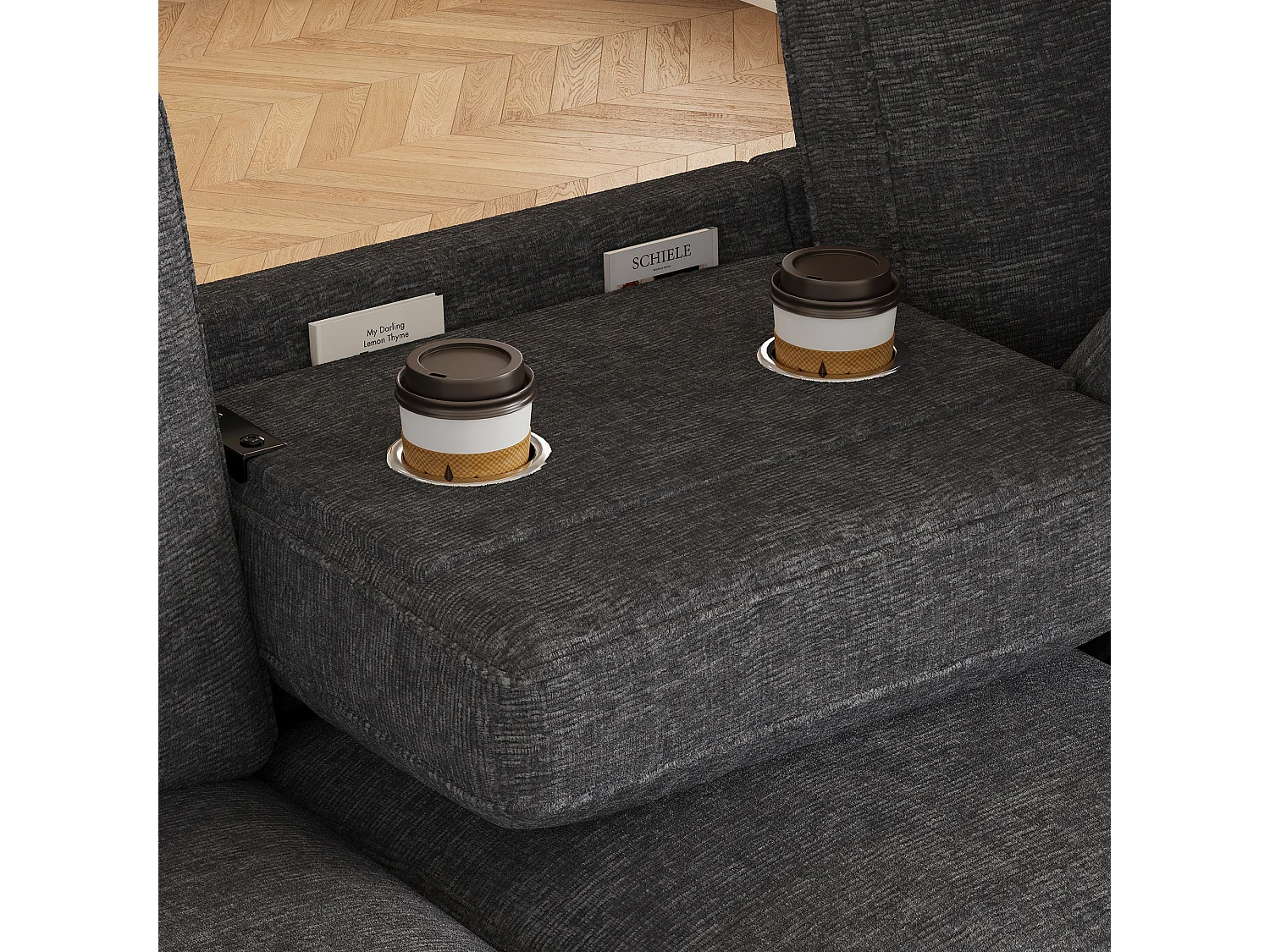 Canapé d'angle moderne en chenille beige - avec espace de rangement - dossier rabattable - avec porte-gobelet - Gris