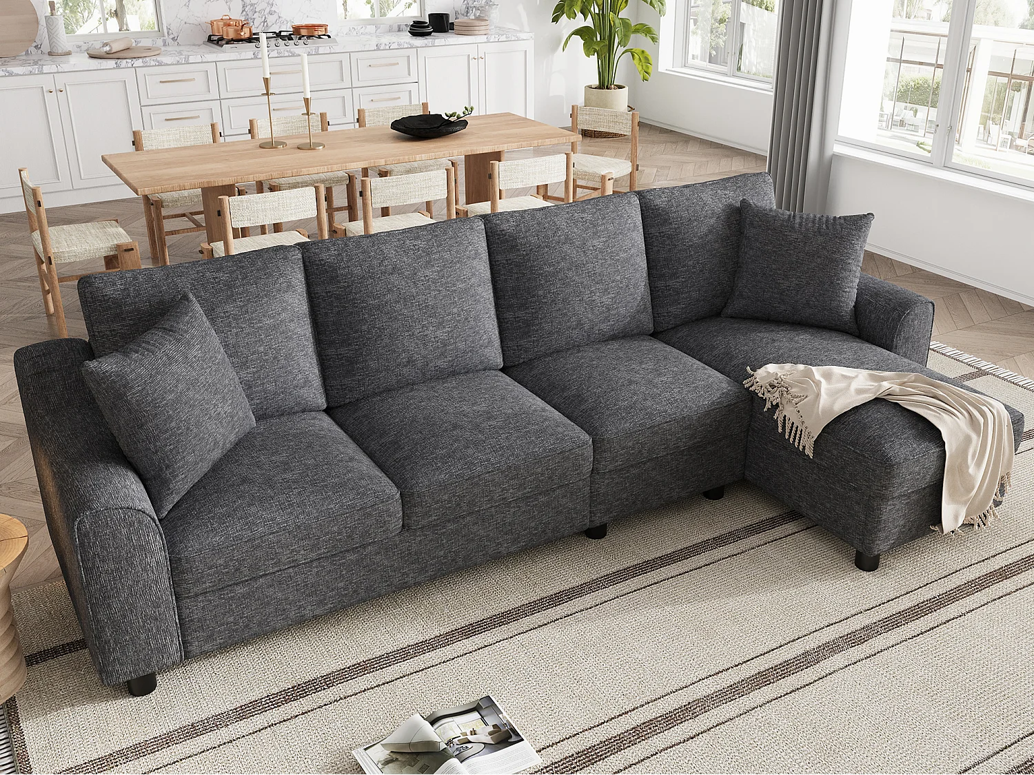 Canapé d'angle moderne en chenille beige - avec espace de rangement - dossier rabattable - avec porte-gobelet - Gris