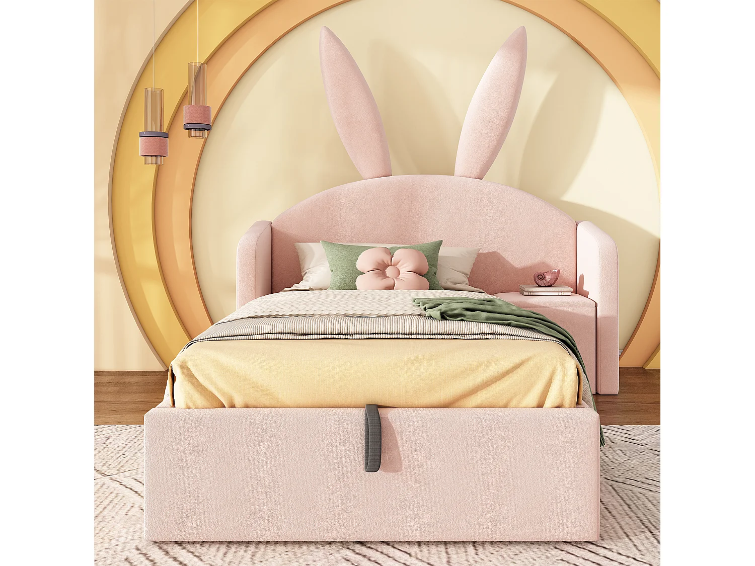 Lit coffre rembourré 90x200cm - avec table de chevet - tête de lit oreilles de lapin - velours - rose (sans matelas)
