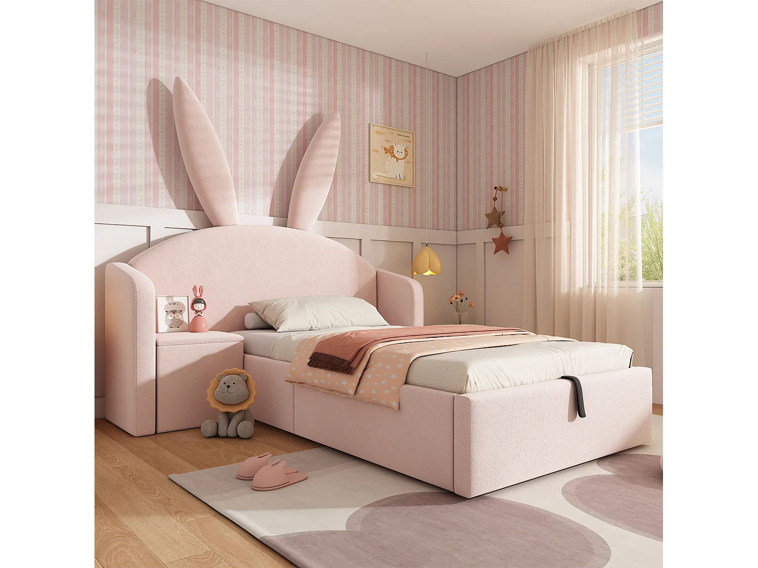Lit coffre rembourré 90x200cm - avec table de chevet - tête de lit oreilles de lapin - velours - rose (sans matelas)