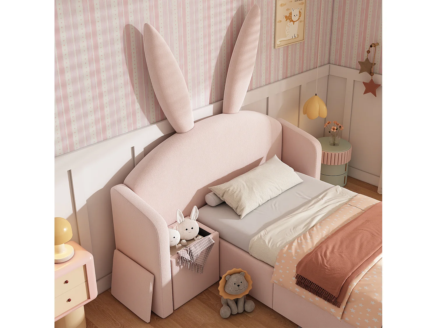 Lit coffre rembourré 90x200cm - avec table de chevet - tête de lit oreilles de lapin - velours - rose (sans matelas)