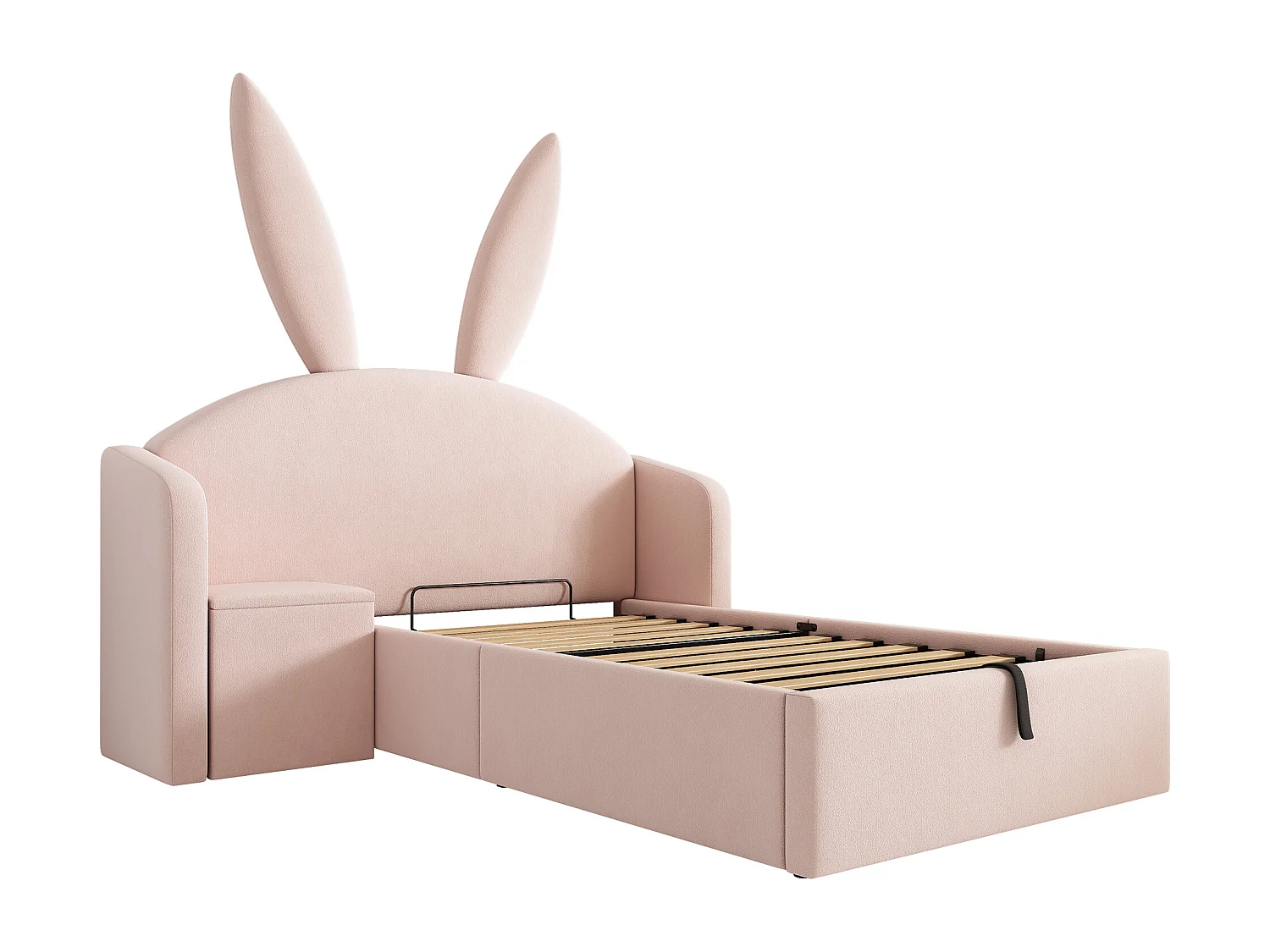 Lit coffre rembourré 90x200cm - avec table de chevet - tête de lit oreilles de lapin - velours - rose (sans matelas)