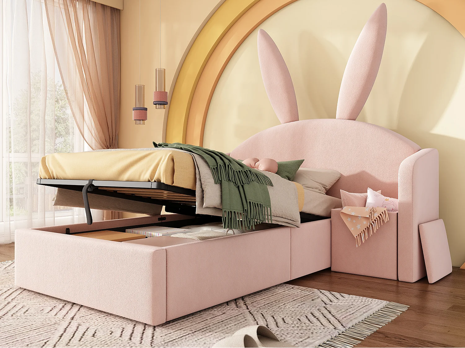Lit coffre rembourré 90x200cm - avec table de chevet - tête de lit oreilles de lapin - velours - rose (sans matelas)