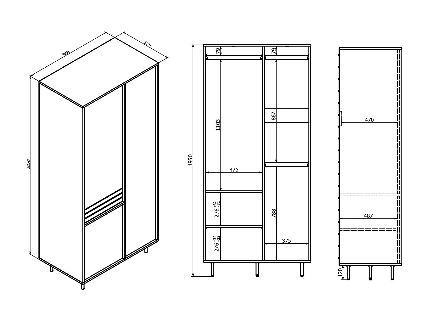Astra Wood and Black 3-door wardrobe