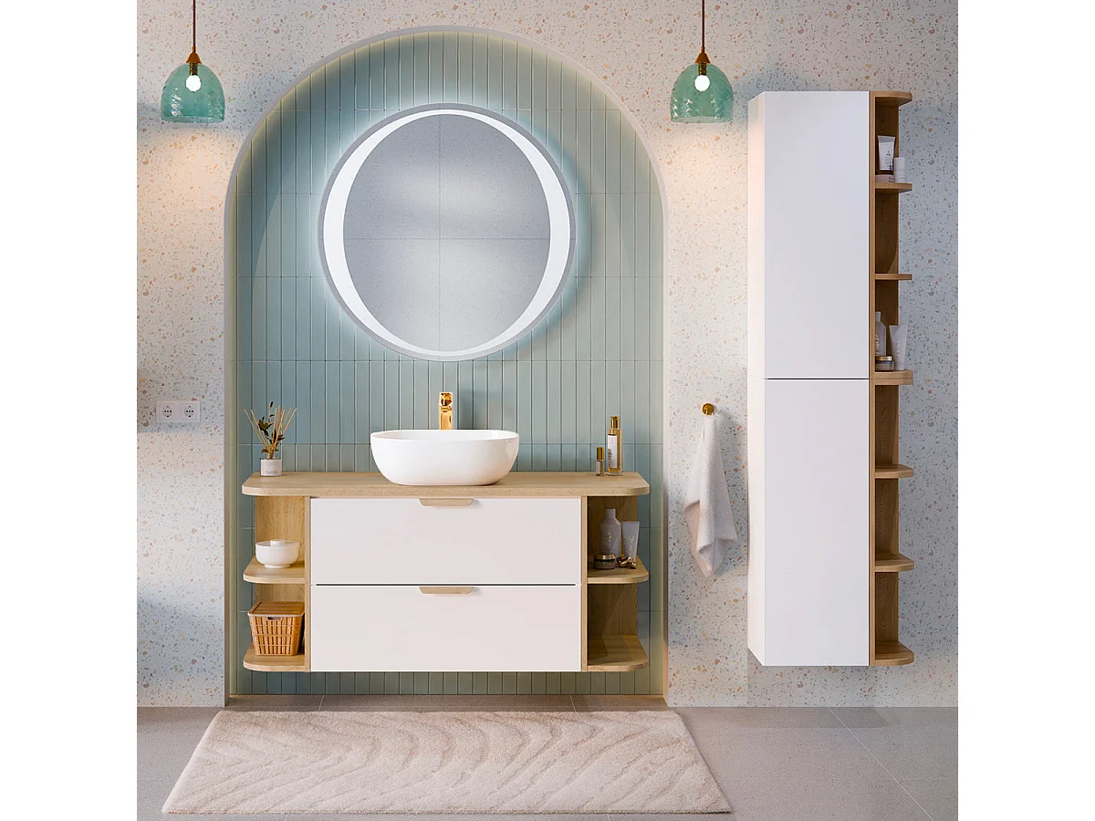 Meuble sous-vasque 120cm niches arrondies plan de toilette Oria Blanc mat
