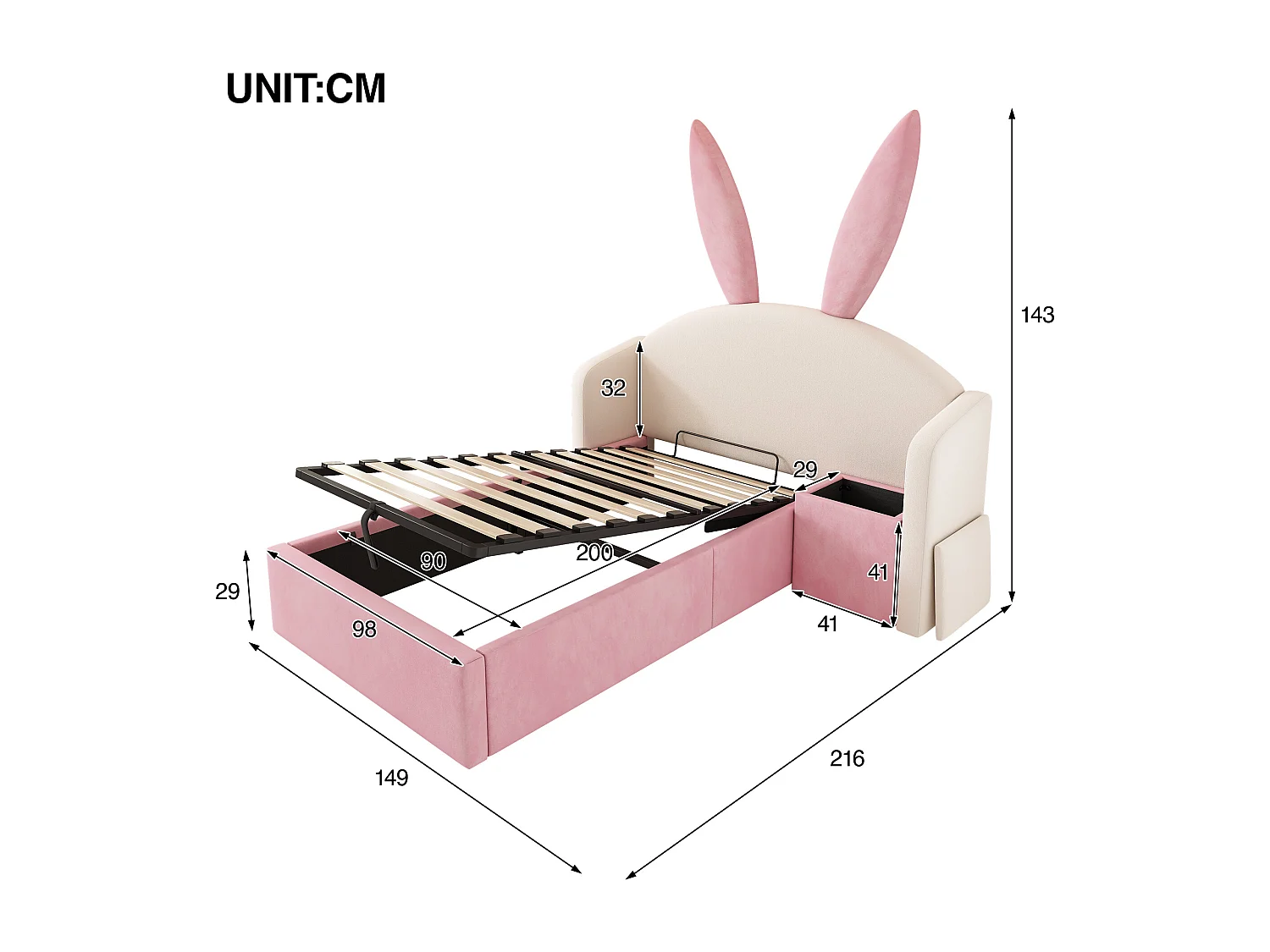 Lit coffre rembourré 90x200cm - avec table de chevet - tête de lit oreilles de lapin - velours - rose + beige (sans matelas)