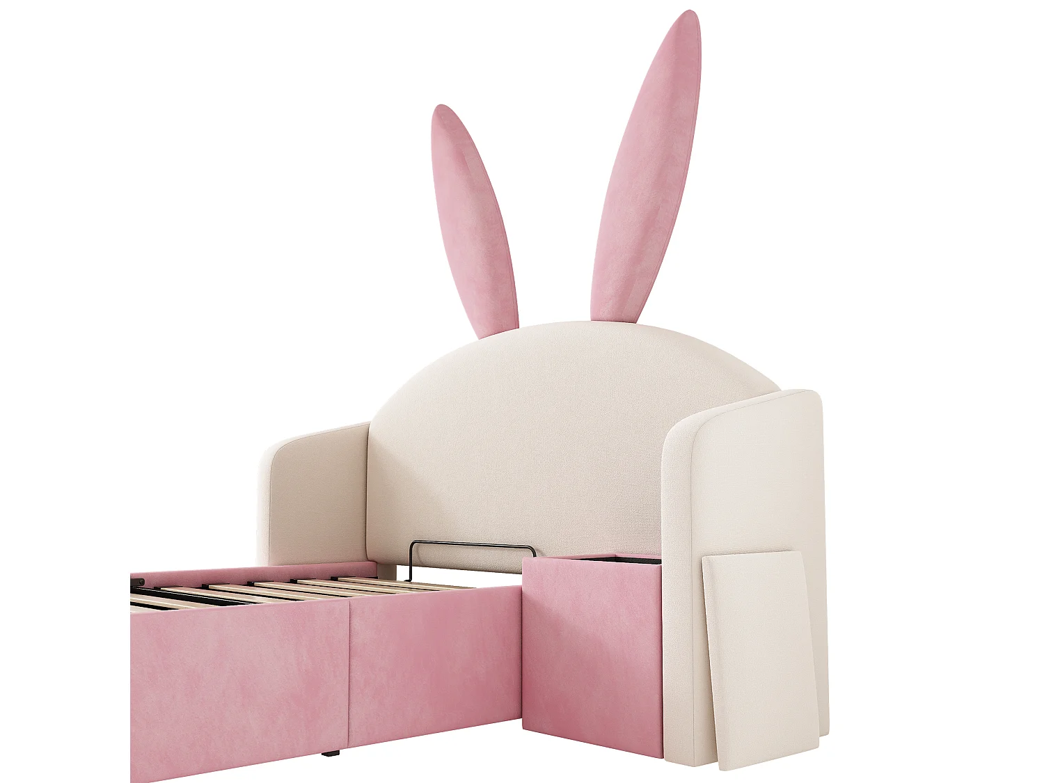 Lit coffre rembourré 90x200cm - avec table de chevet - tête de lit oreilles de lapin - velours - rose + beige (sans matelas)