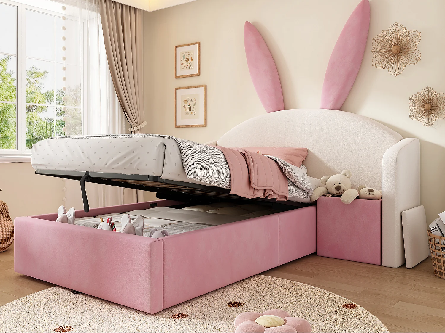 Lit coffre rembourré 90x200cm - avec table de chevet - tête de lit oreilles de lapin - velours - rose + beige (sans matelas)