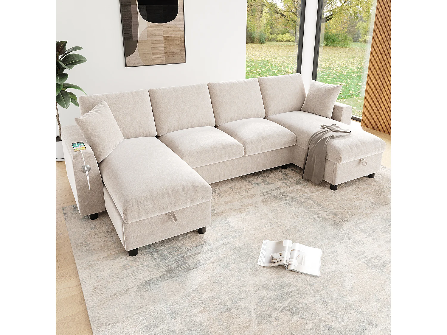 Canapé d'angle moderne en chenille beige - avec espace de rangement - avec 1 port USB et 1 port USB-C - Beige