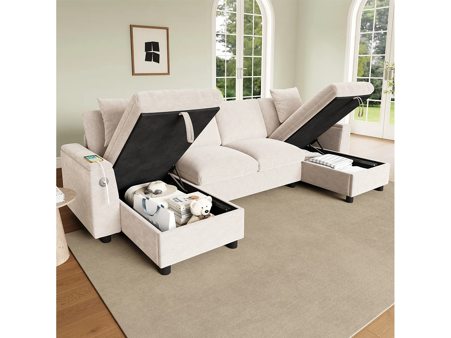 Canapé d'angle moderne en chenille beige - avec espace de rangement - avec 1 port USB et 1 port USB-C - Beige
