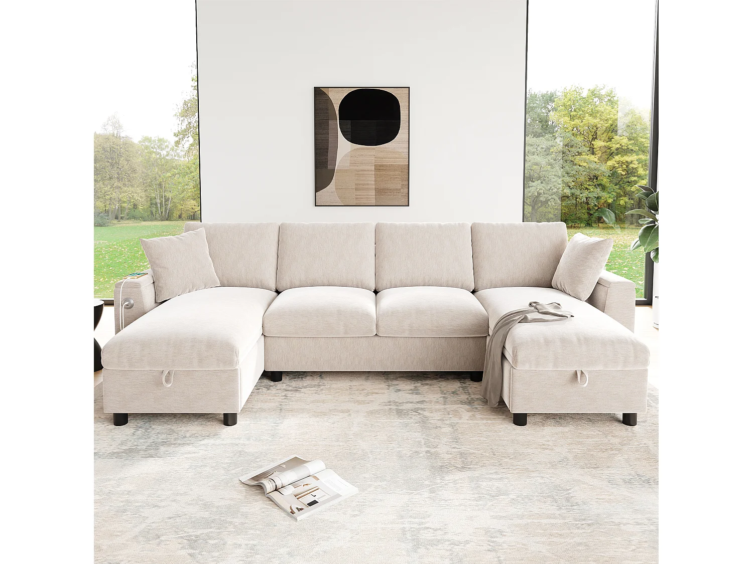 Canapé d'angle moderne en chenille beige - avec espace de rangement - avec 1 port USB et 1 port USB-C - Beige