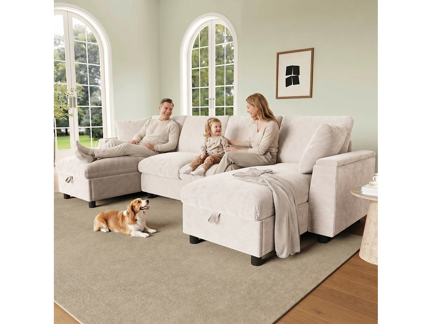Canapé d'angle moderne en chenille beige - avec espace de rangement - avec 1 port USB et 1 port USB-C - Beige