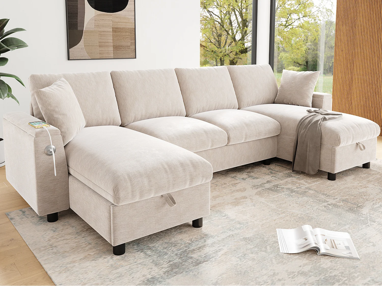 Canapé d'angle moderne en chenille beige - avec espace de rangement - avec 1 port USB et 1 port USB-C - Beige