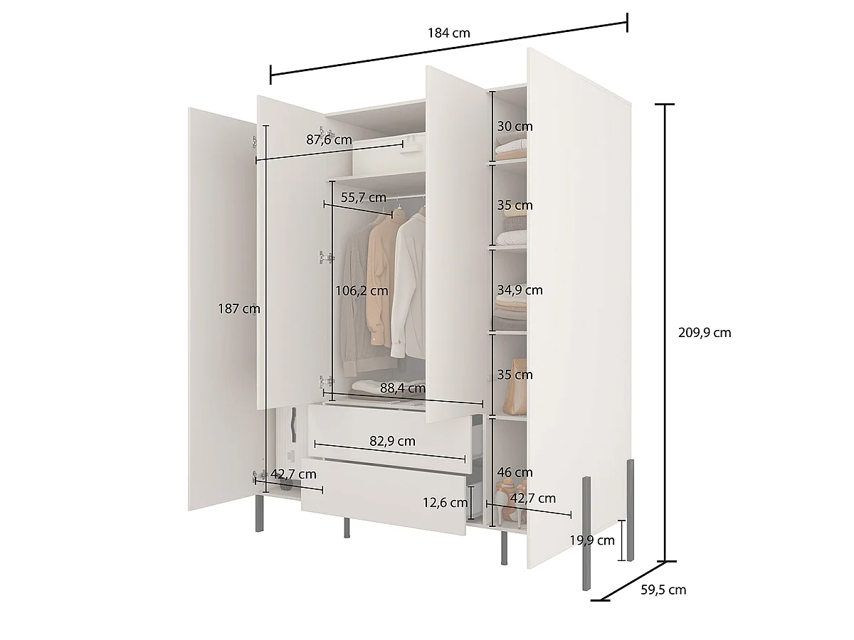 Armadio 4 ante 2 cassetti Bérénice cachemire 210cm