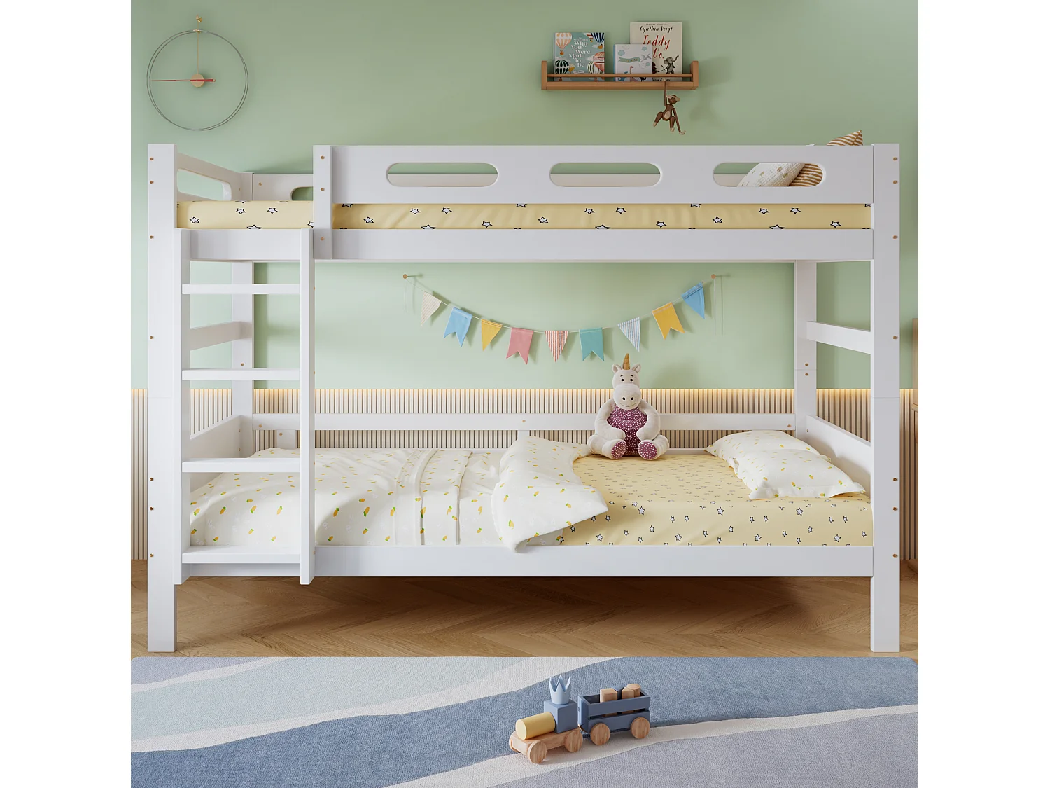 Children's bunk bed 90x200 cm - with ladder and safety rail - solid wood + MDF + plywood - white (without mattress)